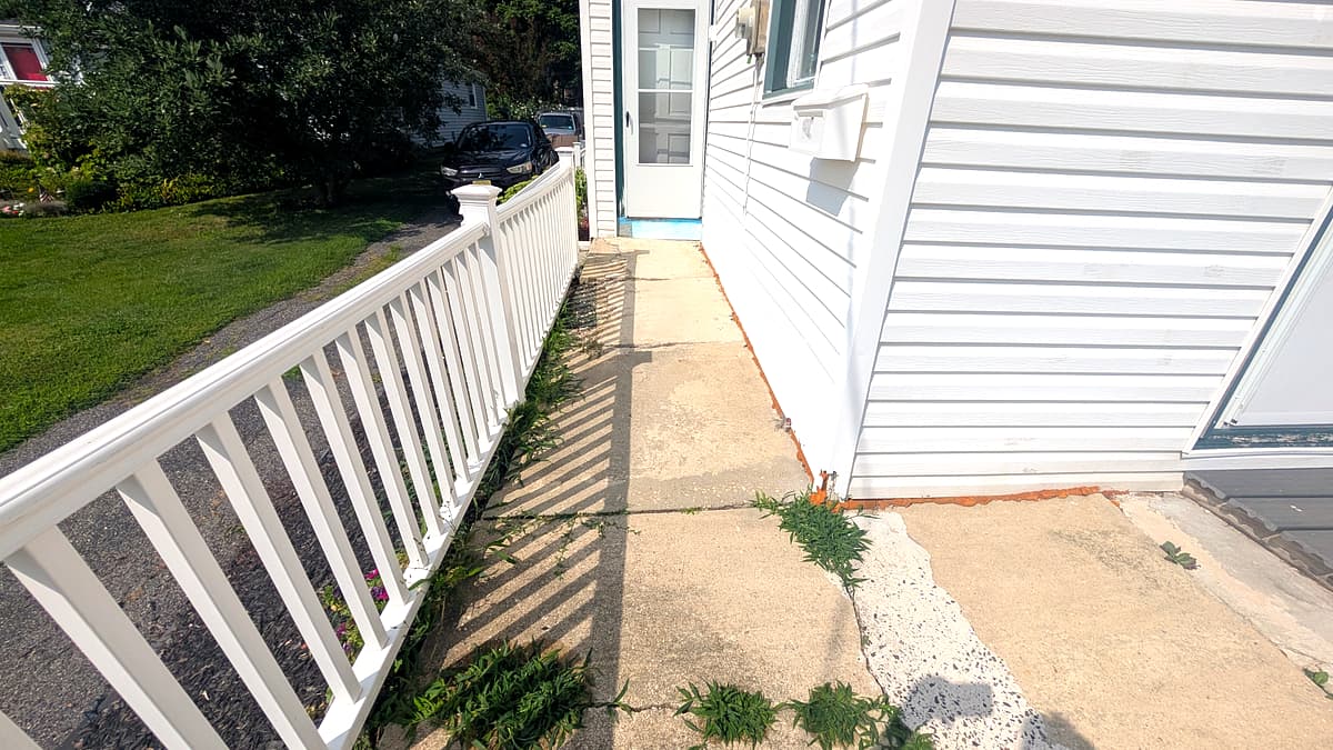 Before: cracked and stained concrete side walkway with weeds along the house