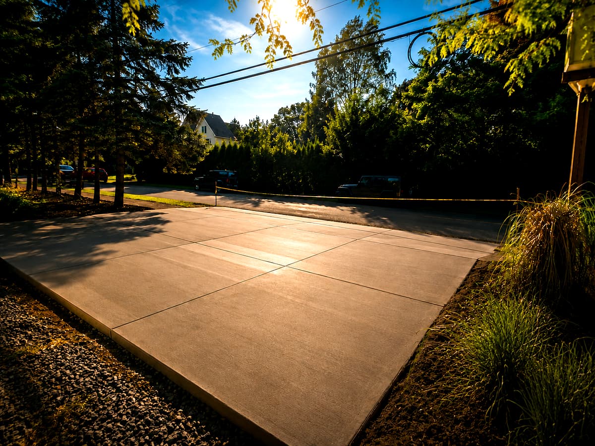 New concrete driveway at dusk
