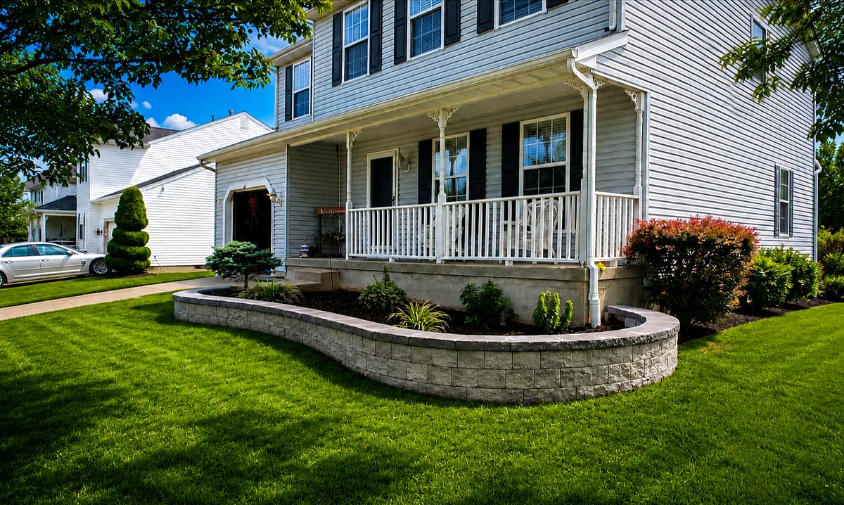 Curved stone seat wall with fresh plantings and lawn in a South Jersey front yard
