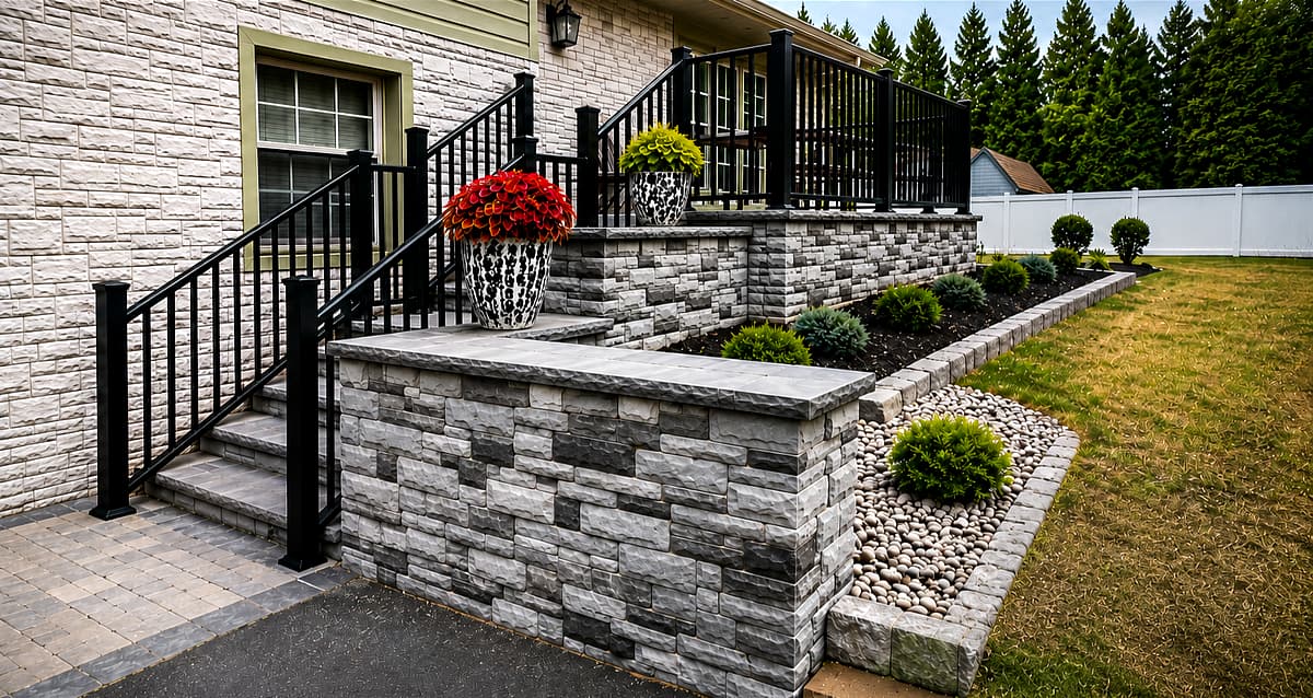 Landscaped entry with stone walls, steps, and fresh plantings