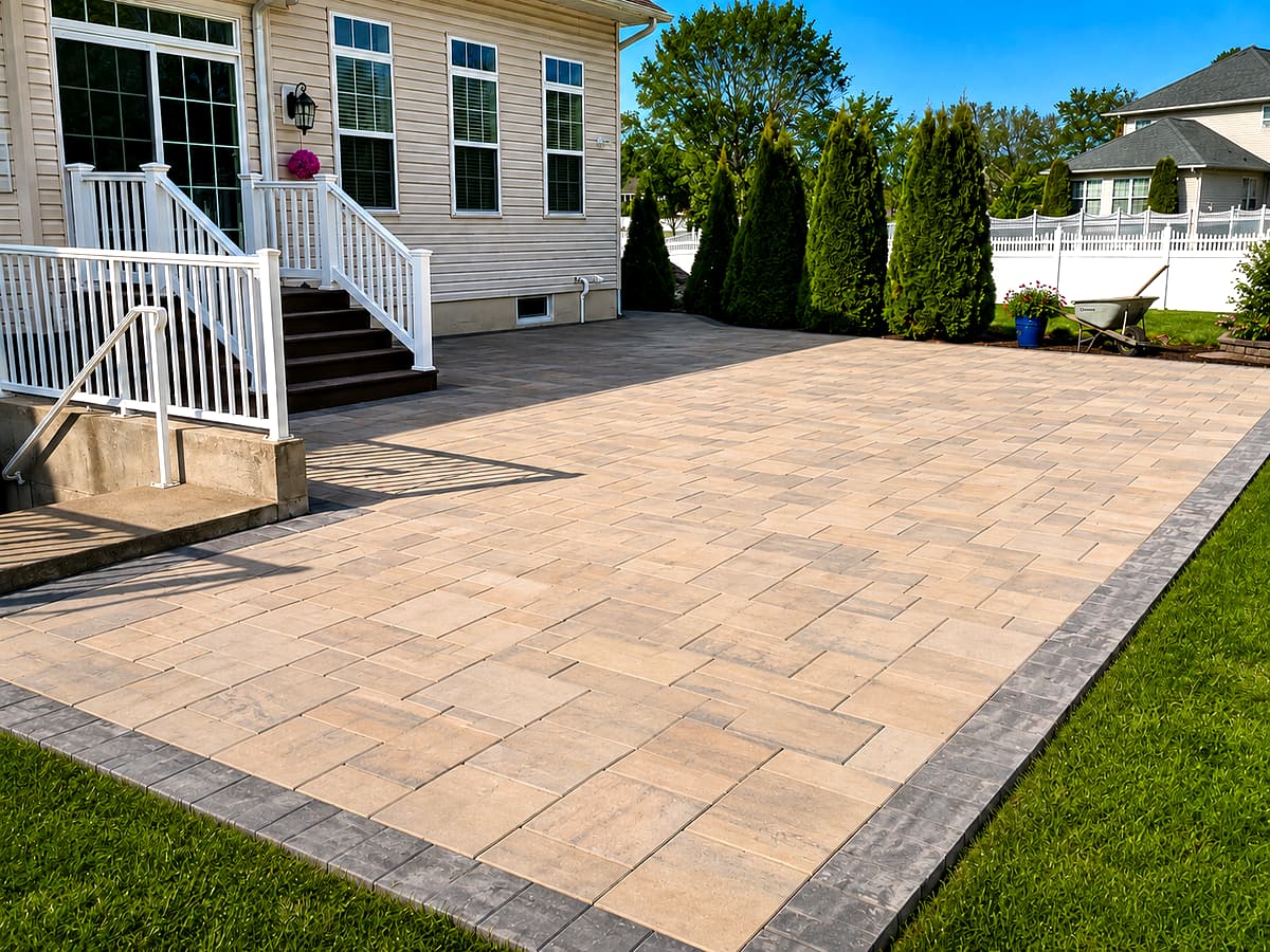 Tan paver patio with dark border behind a South Jersey home